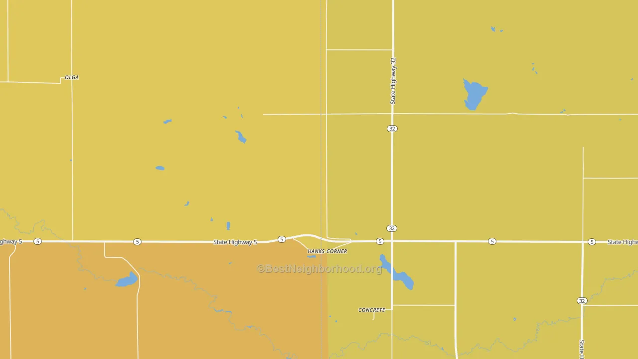 Map of the best neighborhoods in the Hanks Corner area, with better matches in green and worse matches in red