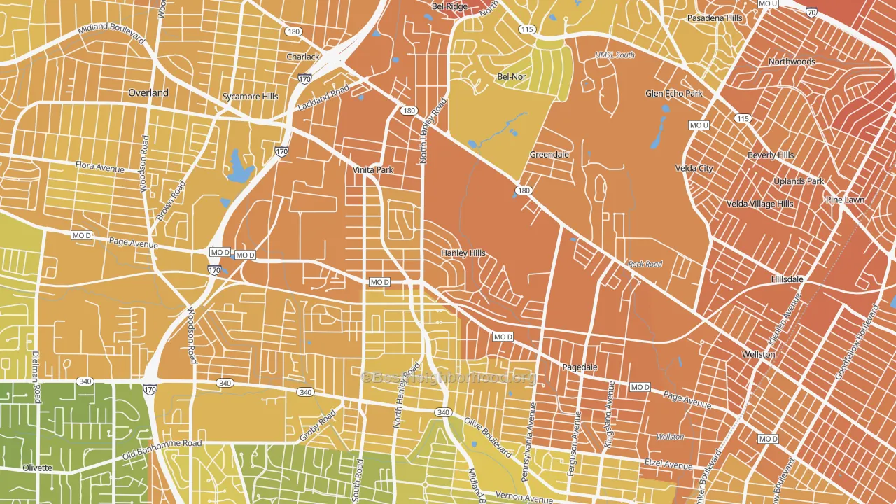 Map of the best neighborhoods in the Hanley Hills area, with better matches in green and worse matches in red