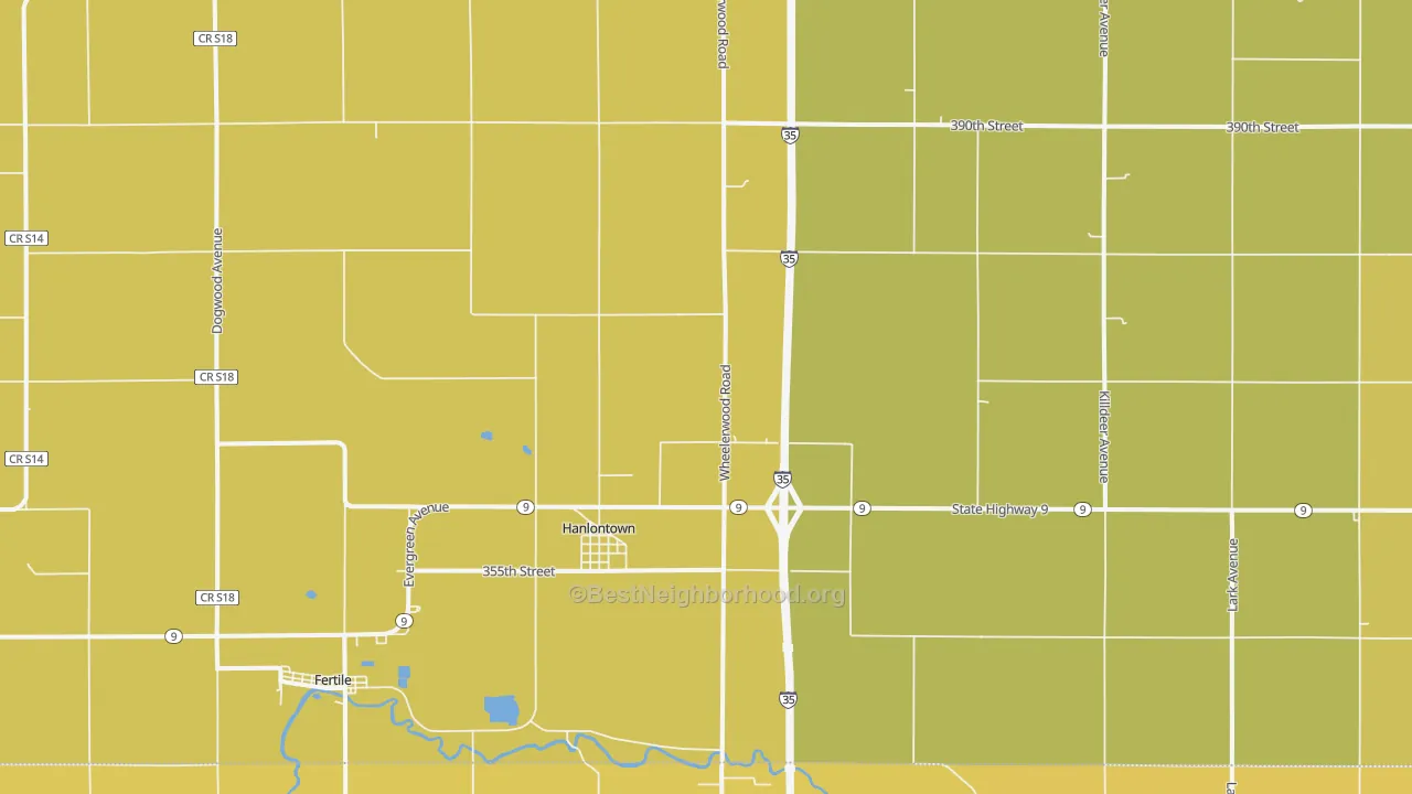 Map of the best neighborhoods in the Hanlontown area, with better matches in green and worse matches in red