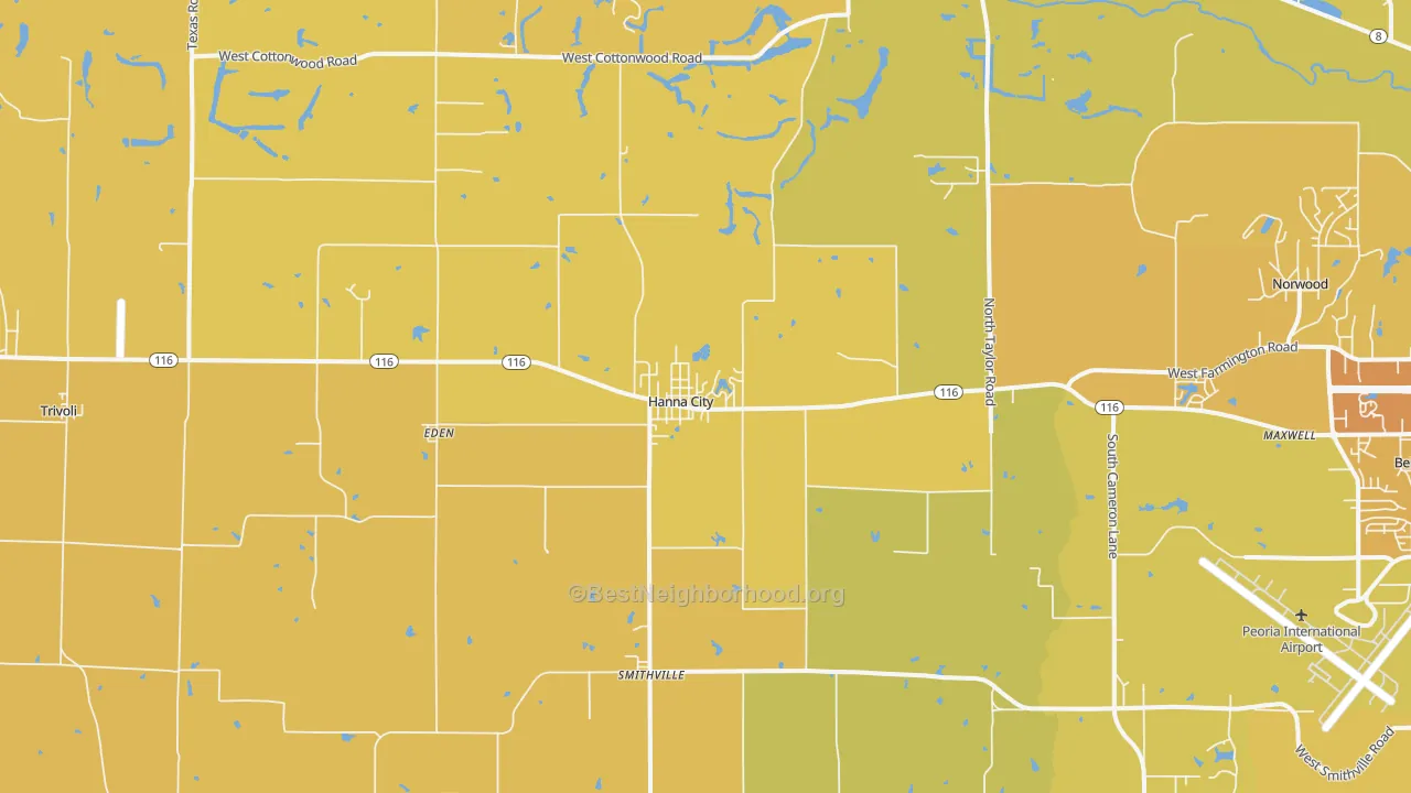 Map of the best neighborhoods in the Hanna City area, with better matches in green and worse matches in red