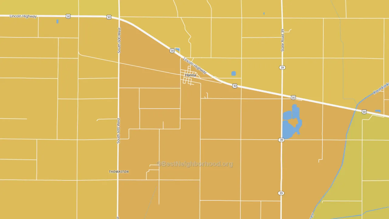 Map of the best neighborhoods in the Hanna area, with better matches in green and worse matches in red