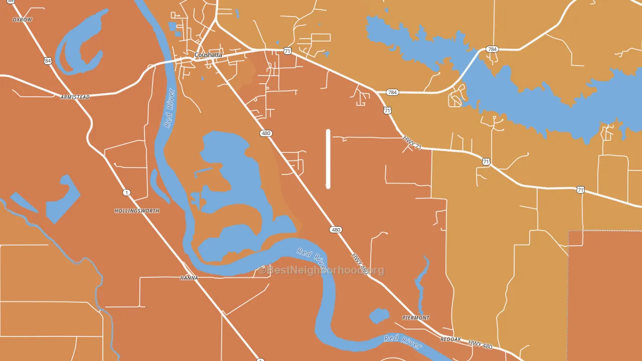 Map of the best neighborhoods in the Hanna area, with better matches in green and worse matches in red