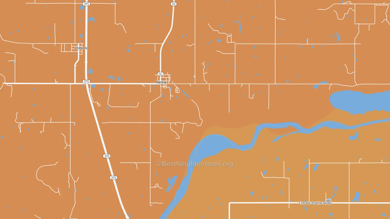 Map of the best neighborhoods in the Hanna area, with better matches in green and worse matches in red