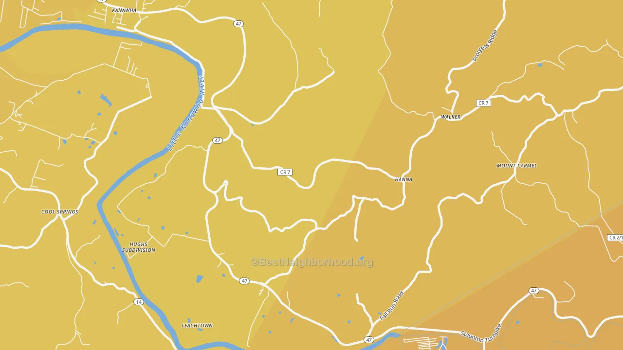 Map of the best neighborhoods in the Hanna area, with better matches in green and worse matches in red