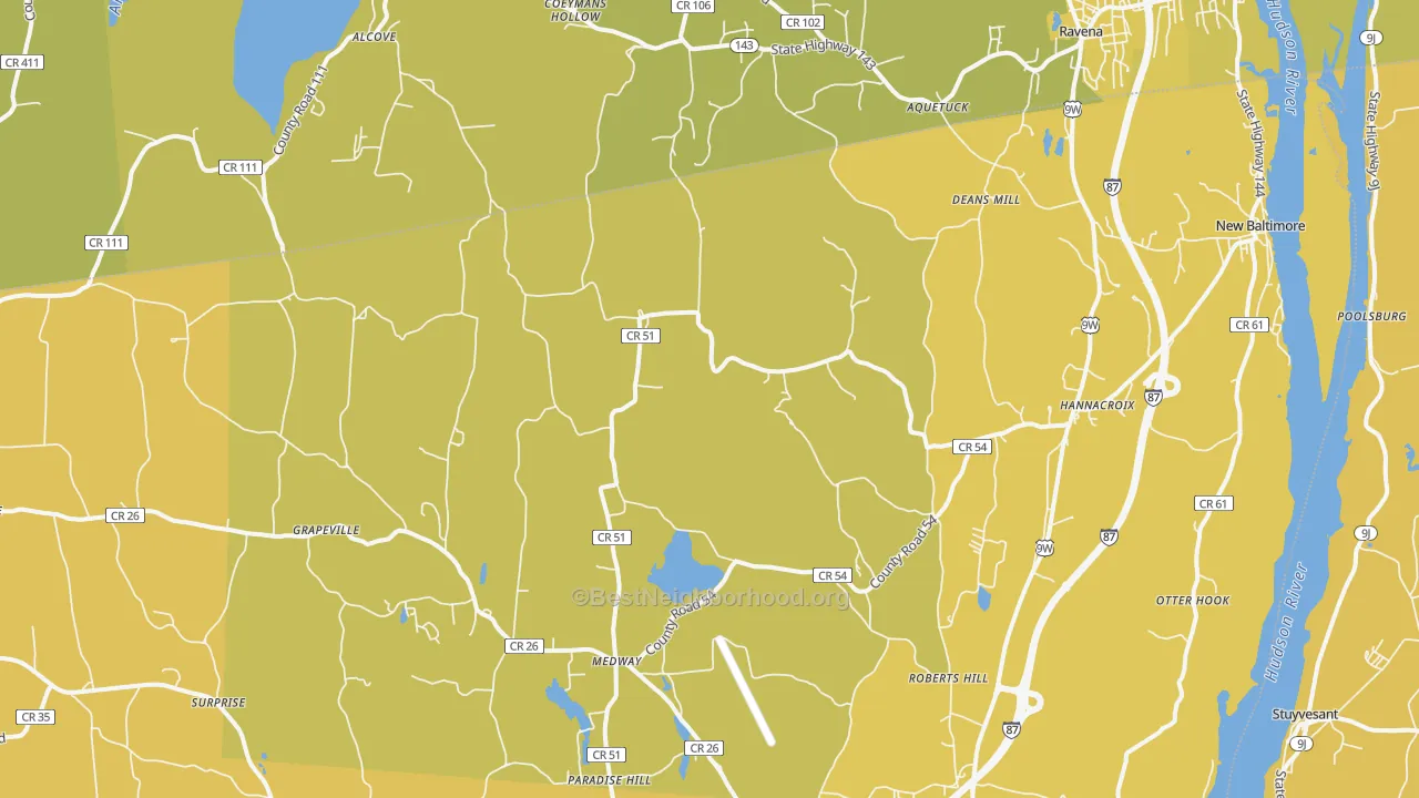 Map of the best neighborhoods in the Hannacroix area, with better matches in green and worse matches in red