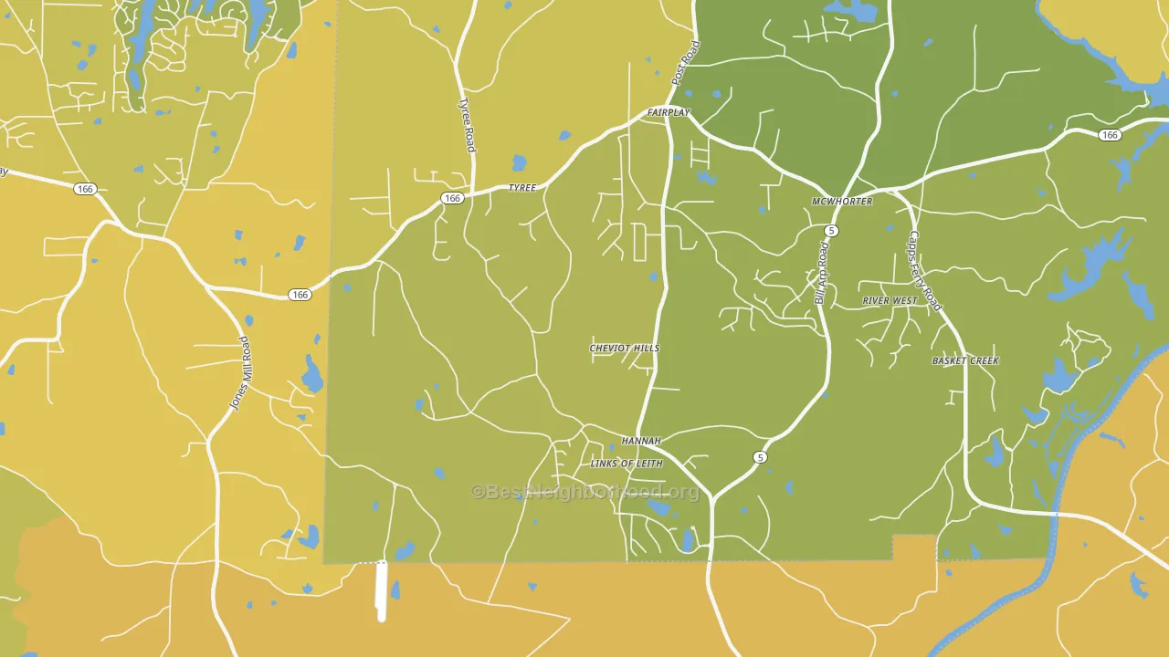 Map of the best neighborhoods in the Hannah area, with better matches in green and worse matches in red