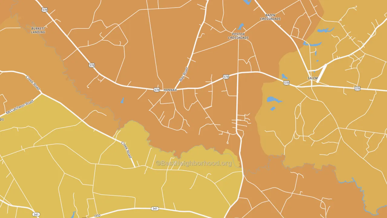 Map of the best neighborhoods in the Hannah area, with better matches in green and worse matches in red