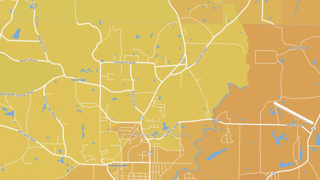 Map of the best neighborhoods in the Hannahs Mill area, with better matches in green and worse matches in red
