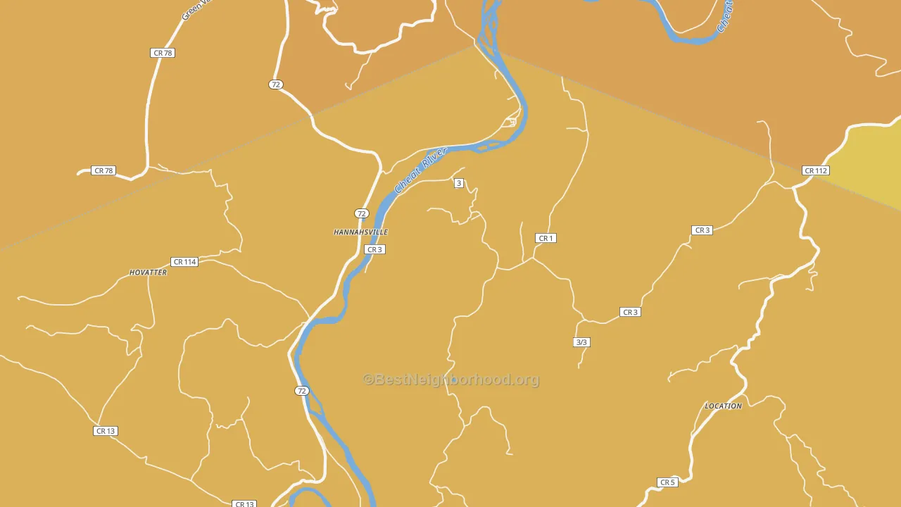 Map of the best neighborhoods in the Hannahsville area, with better matches in green and worse matches in red