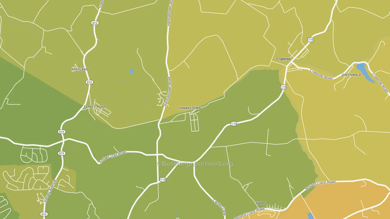Map of the best neighborhoods in the Hannastown area, with better matches in green and worse matches in red