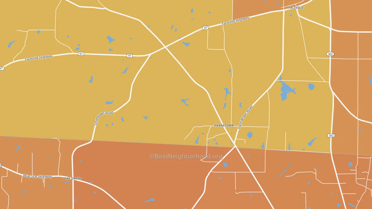 Map of the best neighborhoods in the Hannatown area, with better matches in green and worse matches in red