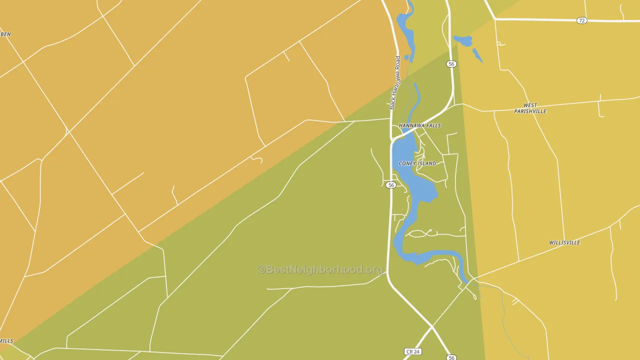 Map of the best neighborhoods in the Hannawa Falls area, with better matches in green and worse matches in red