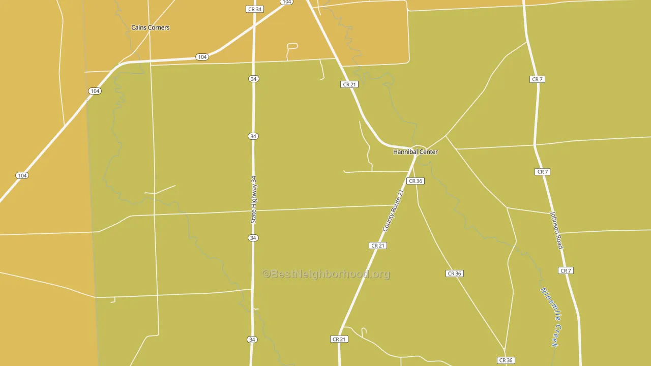 Map of the best neighborhoods in the Hannibal Center area, with better matches in green and worse matches in red