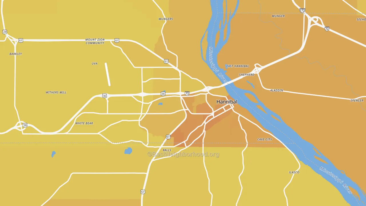 Map of the best neighborhoods in the Hannibal area, with better matches in green and worse matches in red
