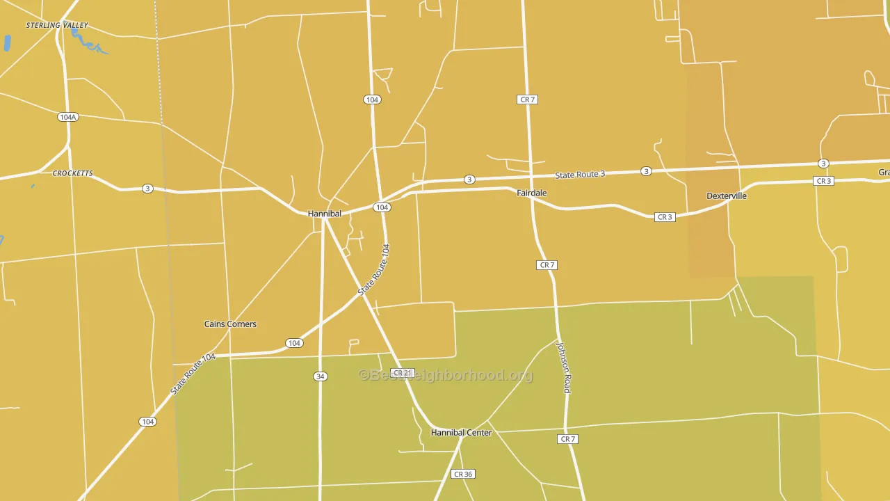 Map of the best neighborhoods in the Hannibal area, with better matches in green and worse matches in red