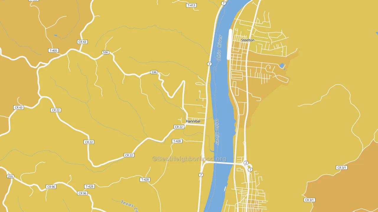 Map of the best neighborhoods in the Hannibal area, with better matches in green and worse matches in red