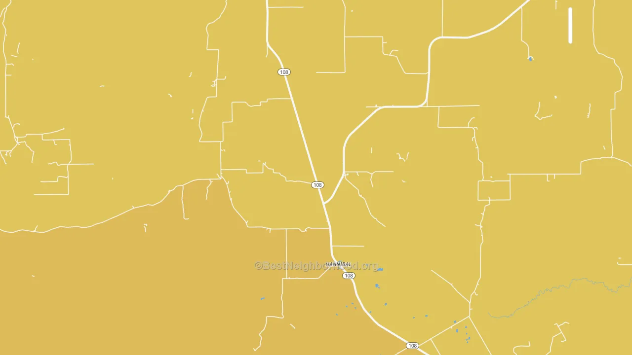 Map of the best neighborhoods in the Hannibal area, with better matches in green and worse matches in red