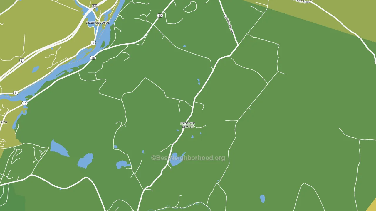 Map of the best neighborhoods in the Hanover Center area, with better matches in green and worse matches in red