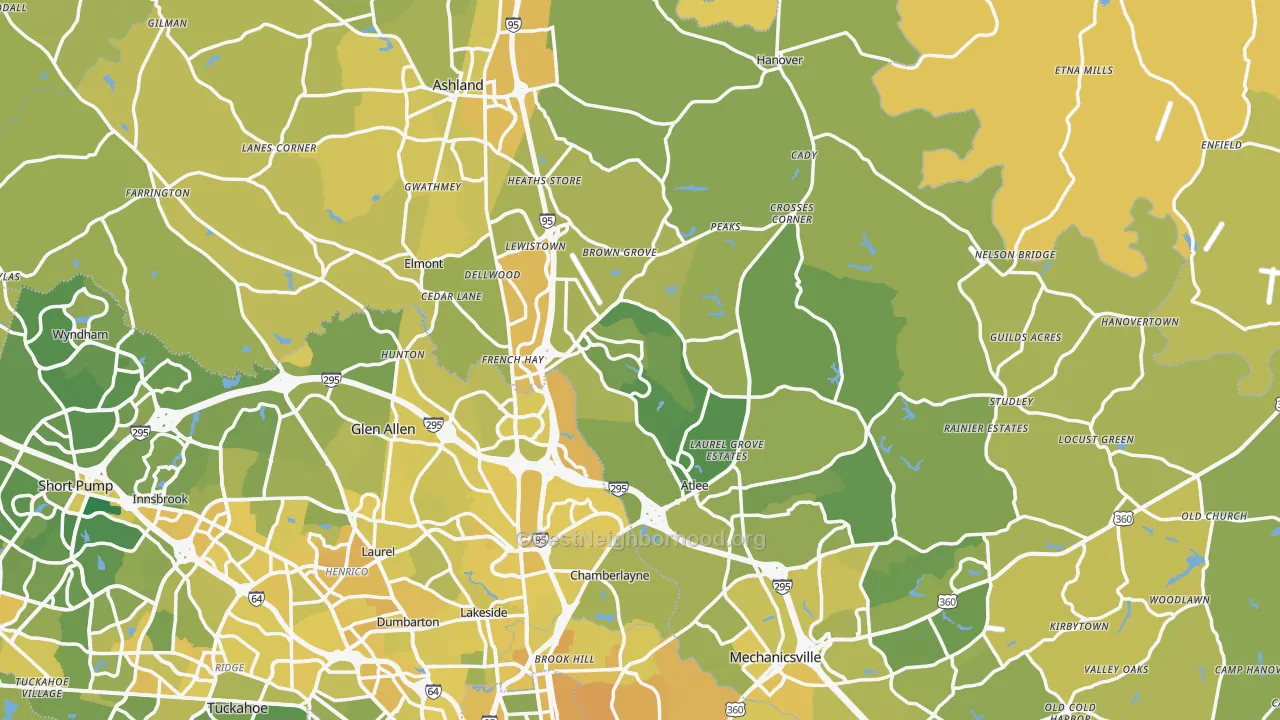 Map of the best neighborhoods in the Hanover County area, with better matches in green and worse matches in red