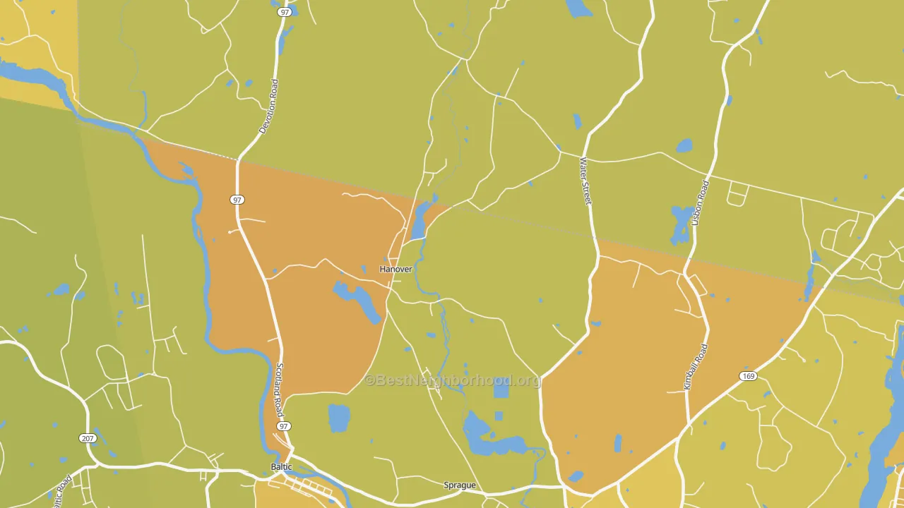 Map of the best neighborhoods in the Hanover area, with better matches in green and worse matches in red