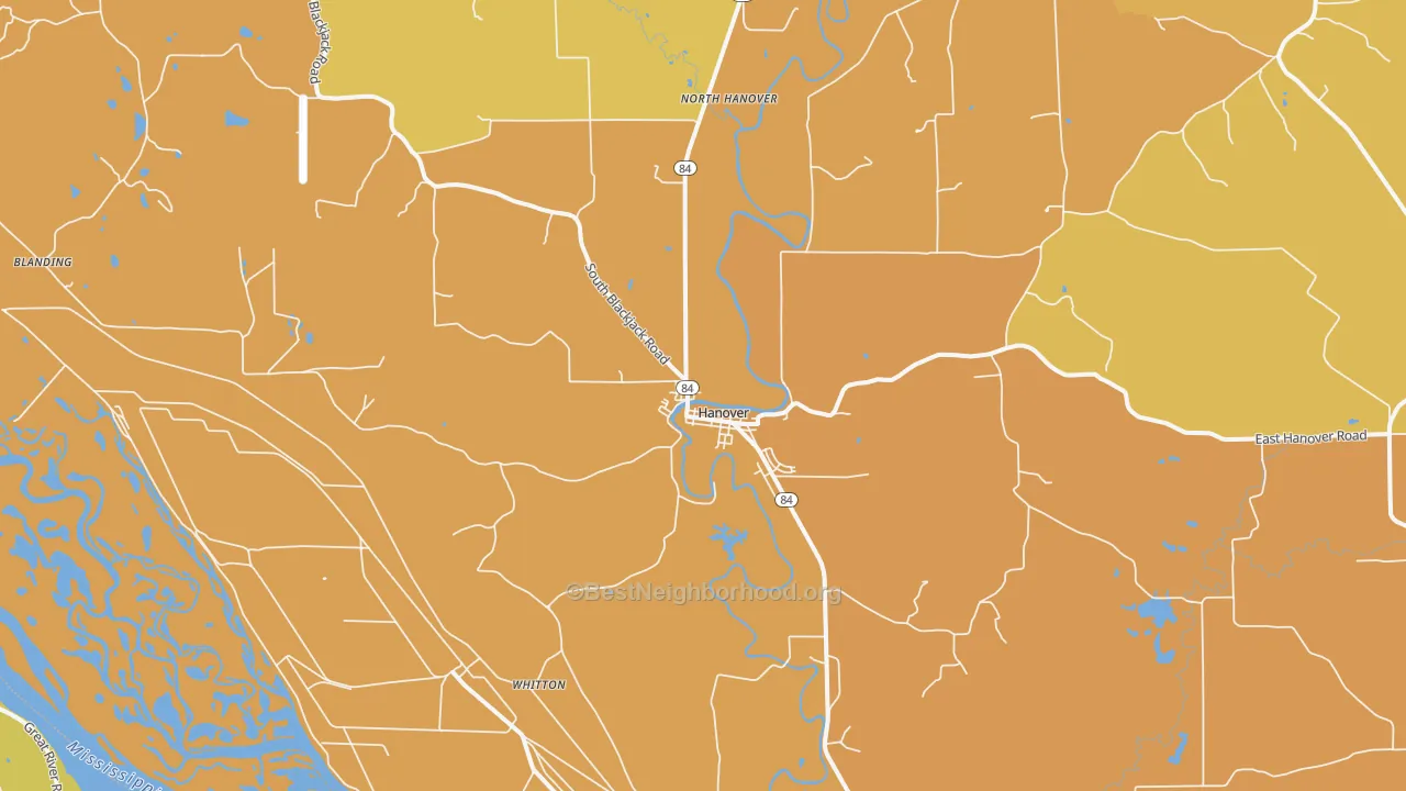 Map of the best neighborhoods in the Hanover area, with better matches in green and worse matches in red