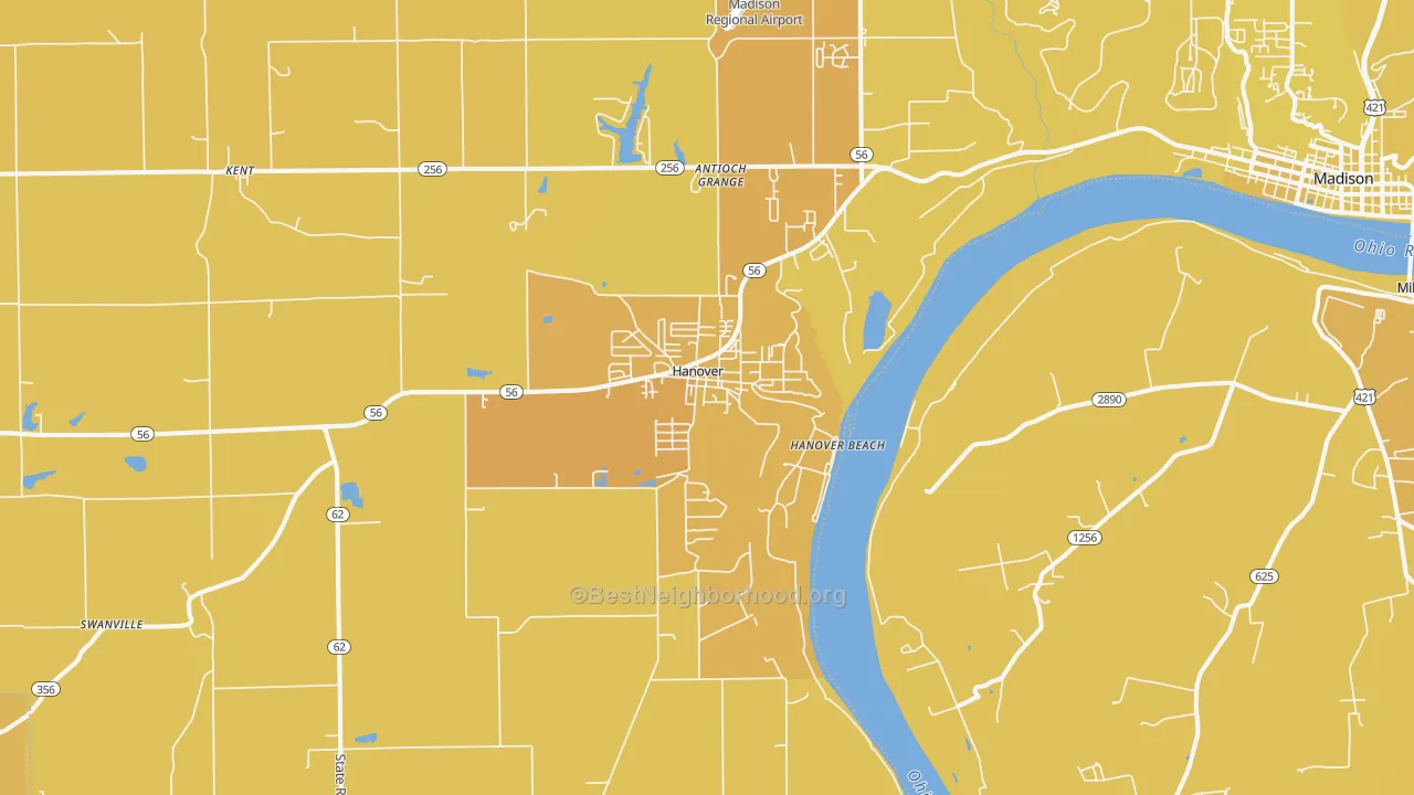 Map of the best neighborhoods in the Hanover area, with better matches in green and worse matches in red