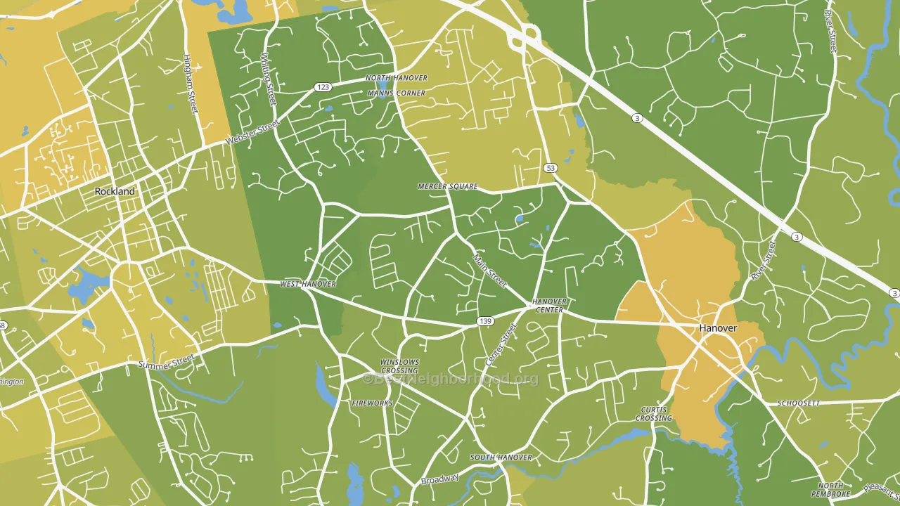 Map of the best neighborhoods in the Hanover area, with better matches in green and worse matches in red