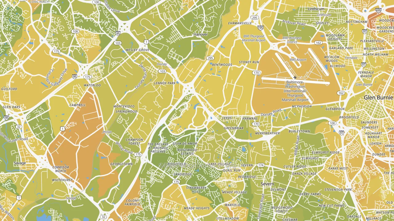 Map of the best neighborhoods in the Hanover area, with better matches in green and worse matches in red