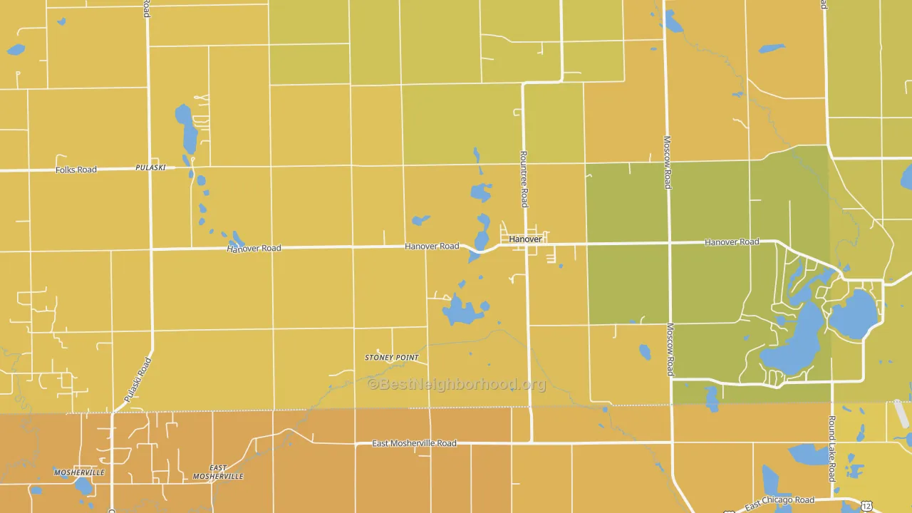 Map of the best neighborhoods in the Hanover area, with better matches in green and worse matches in red
