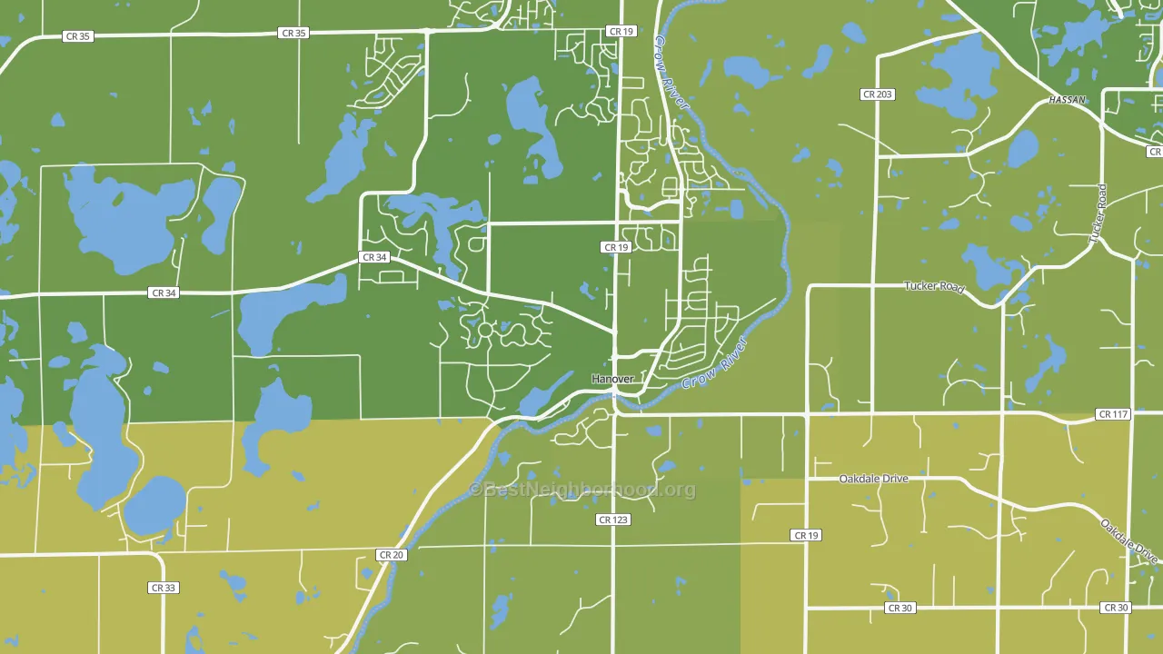 Map of the best neighborhoods in the Hanover area, with better matches in green and worse matches in red