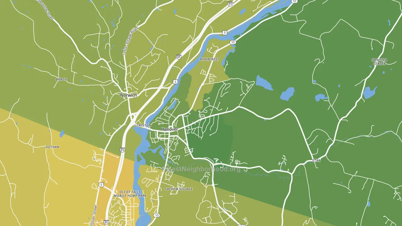 Map of the best neighborhoods in the Hanover area, with better matches in green and worse matches in red