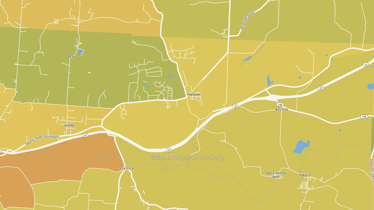 Map of the best neighborhoods in the Hanover area, with better matches in green and worse matches in red