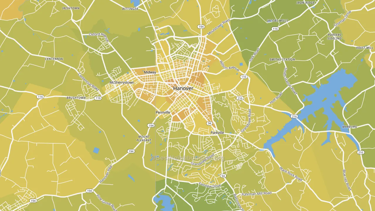 Map of the best neighborhoods in the Hanover area, with better matches in green and worse matches in red