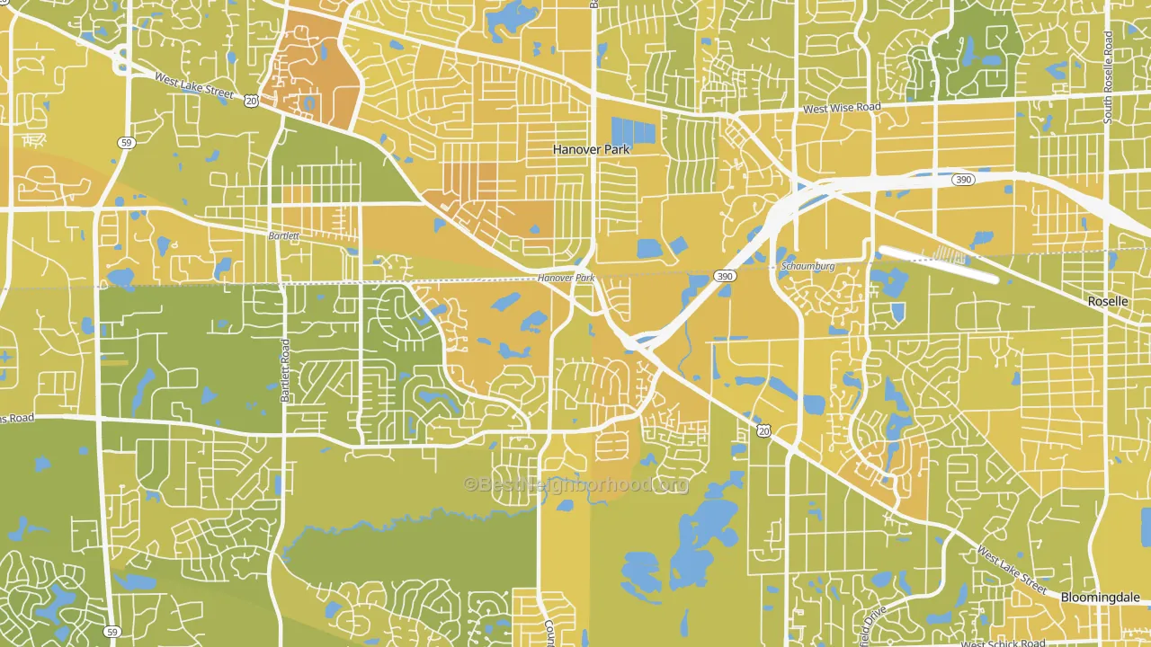 Map of the best neighborhoods in the Hanover Park area, with better matches in green and worse matches in red