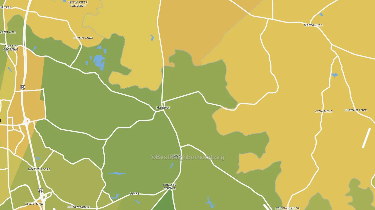 Map of the best neighborhoods in the Hanover area, with better matches in green and worse matches in red