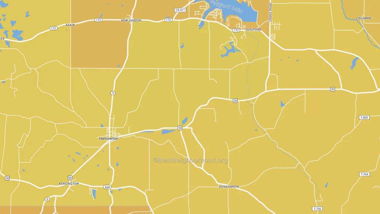 Map of the best neighborhoods in the Hanoverton area, with better matches in green and worse matches in red