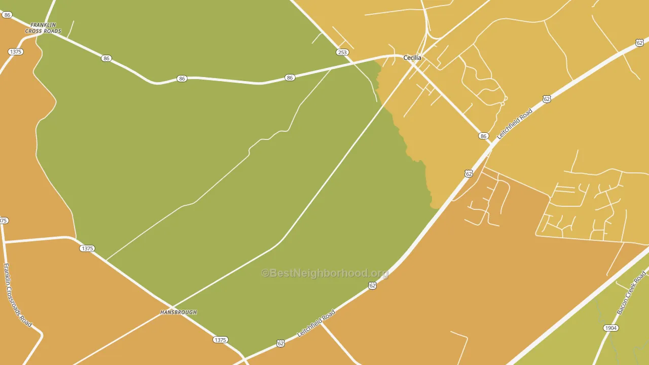Map of the best neighborhoods in the Hansbrough area, with better matches in green and worse matches in red