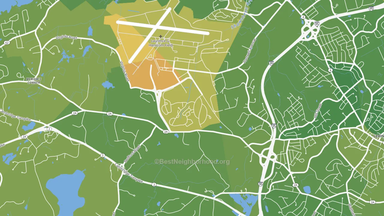 Map of the best neighborhoods in the Hanscom Afb area, with better matches in green and worse matches in red