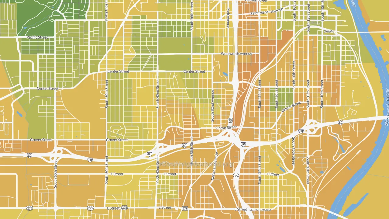 Map of the best neighborhoods in the Hanscom Park, Omaha area, with better matches in green and worse matches in red