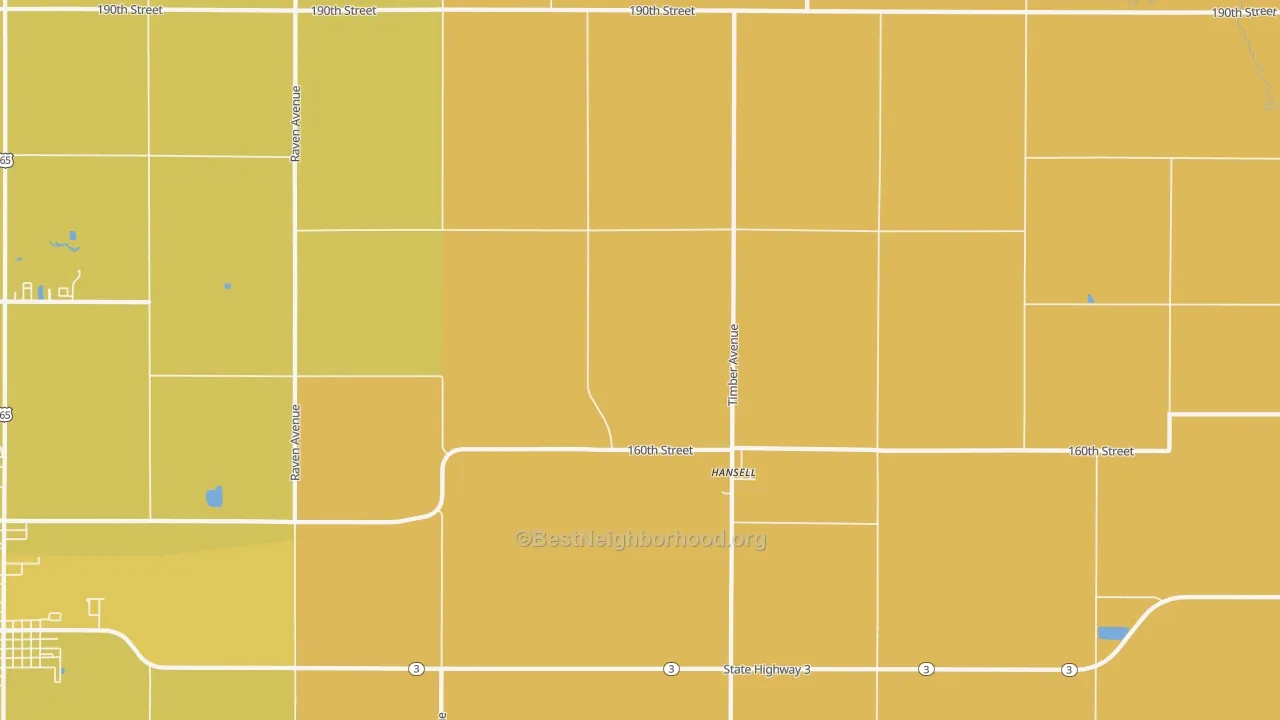 Map of the best neighborhoods in the Hansell area, with better matches in green and worse matches in red