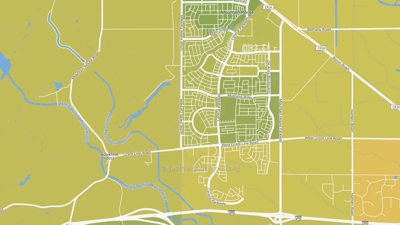 Map of the best neighborhoods in the Hansen, Mountain House area, with better matches in green and worse matches in red