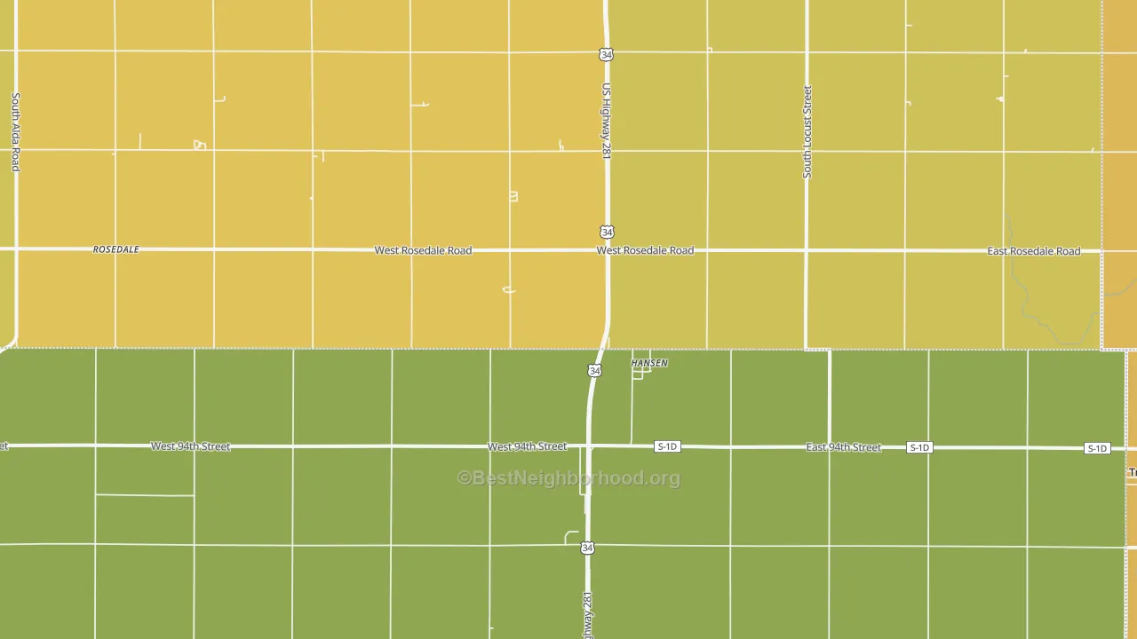 Map of the best neighborhoods in the Hansen area, with better matches in green and worse matches in red