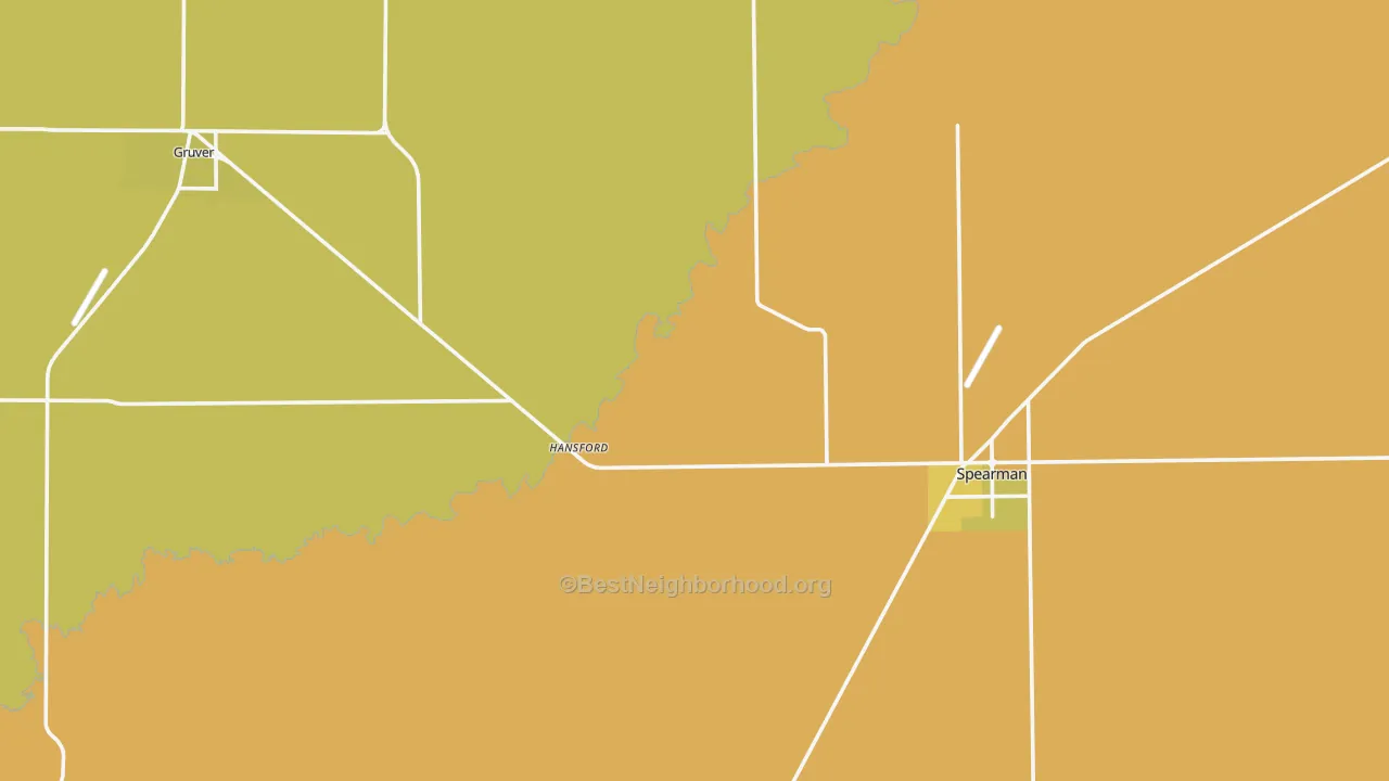 Map of the best neighborhoods in the Hansford County area, with better matches in green and worse matches in red