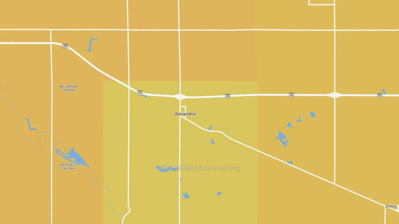 Map of the best neighborhoods in the Hanson County area, with better matches in green and worse matches in red