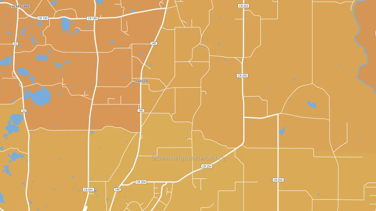 Map of the best neighborhoods in the Hanson area, with better matches in green and worse matches in red