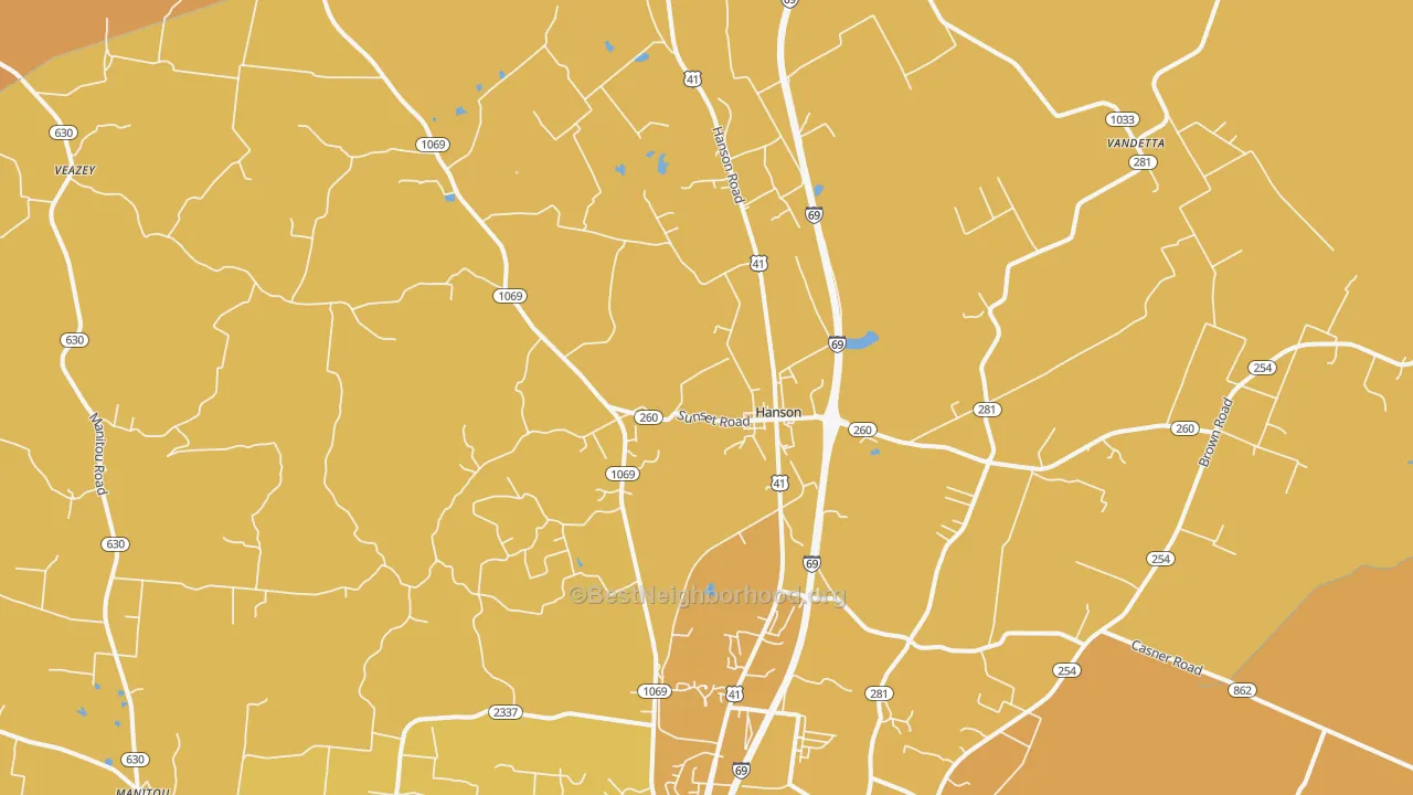 Map of the best neighborhoods in the Hanson area, with better matches in green and worse matches in red