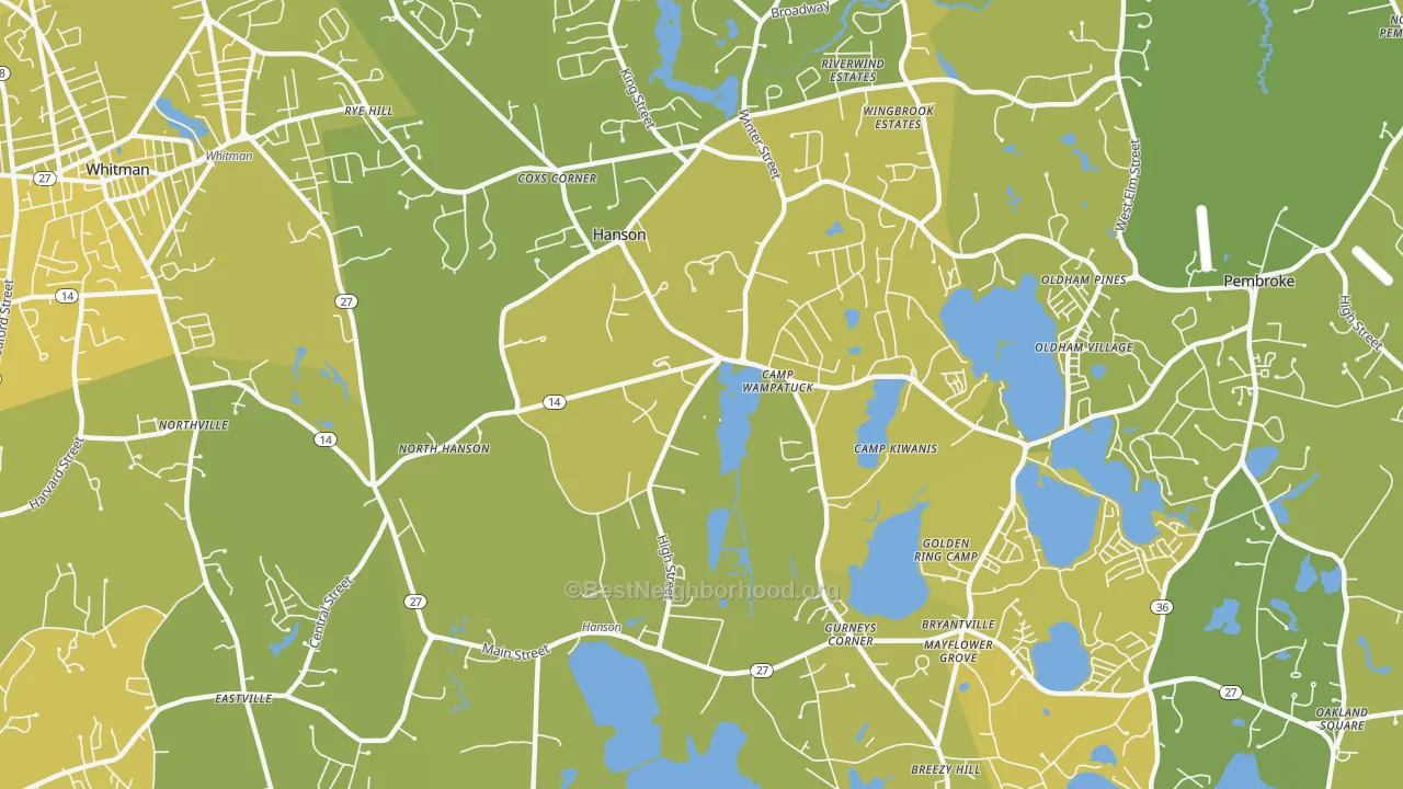 Map of the best neighborhoods in the Hanson area, with better matches in green and worse matches in red