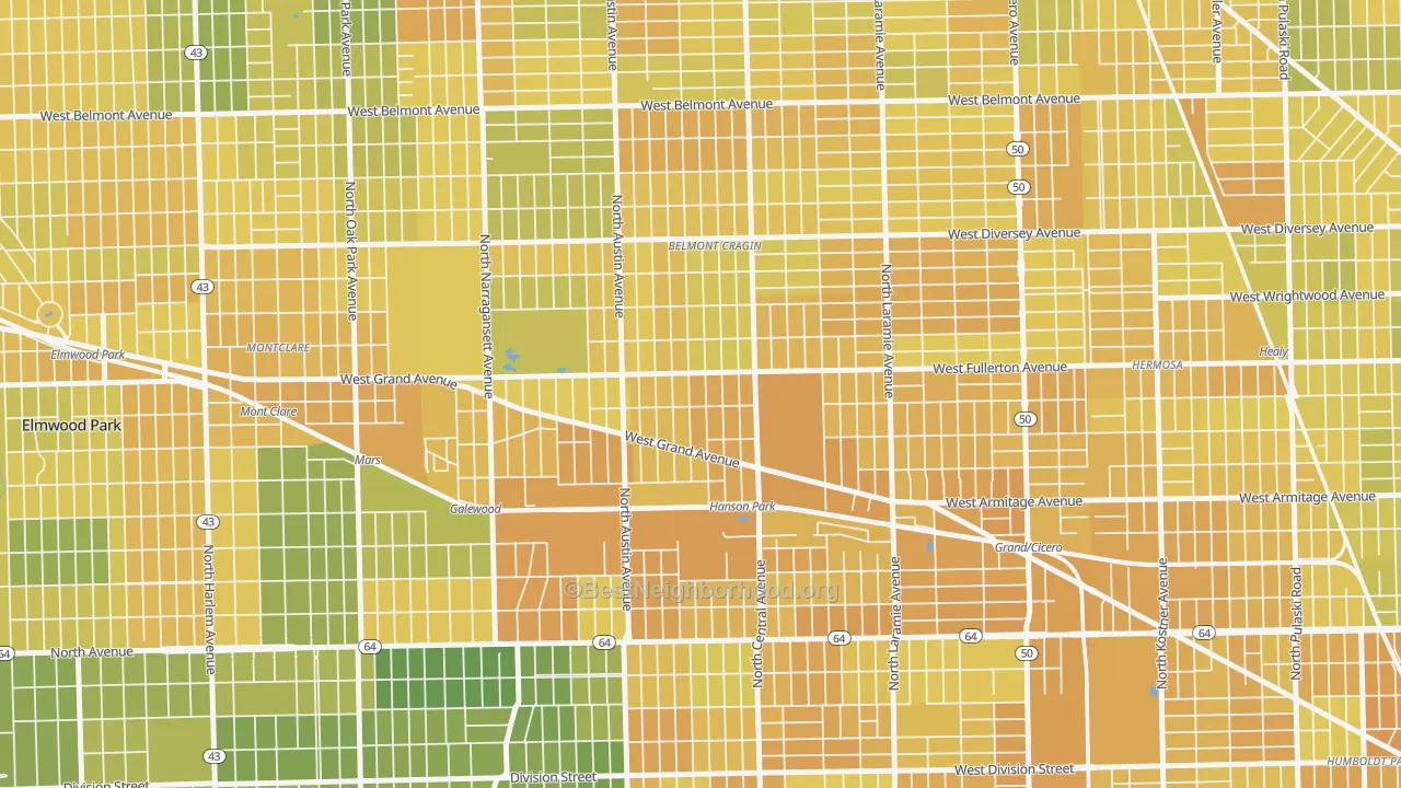 Map of the best neighborhoods in the Hanson Park, Chicago area, with better matches in green and worse matches in red