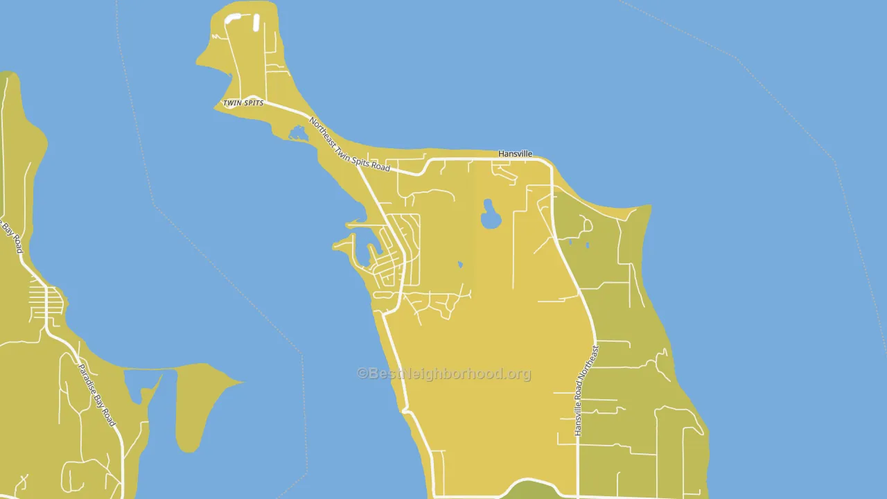 Map of the best neighborhoods in the Hansville area, with better matches in green and worse matches in red