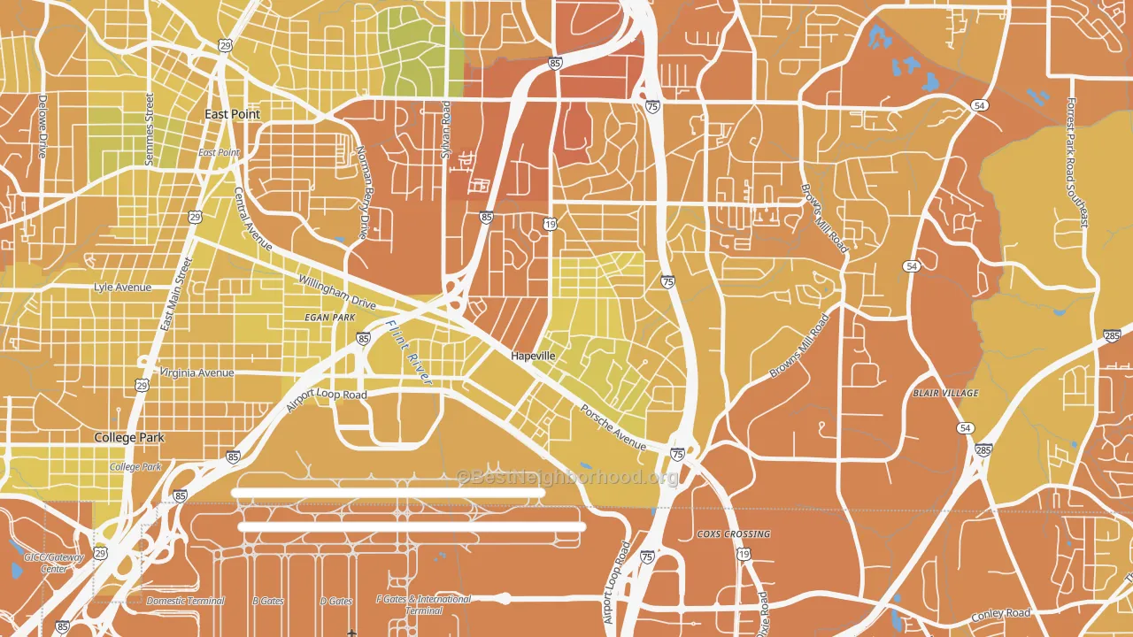 Map of the best neighborhoods in the Hapeville area, with better matches in green and worse matches in red